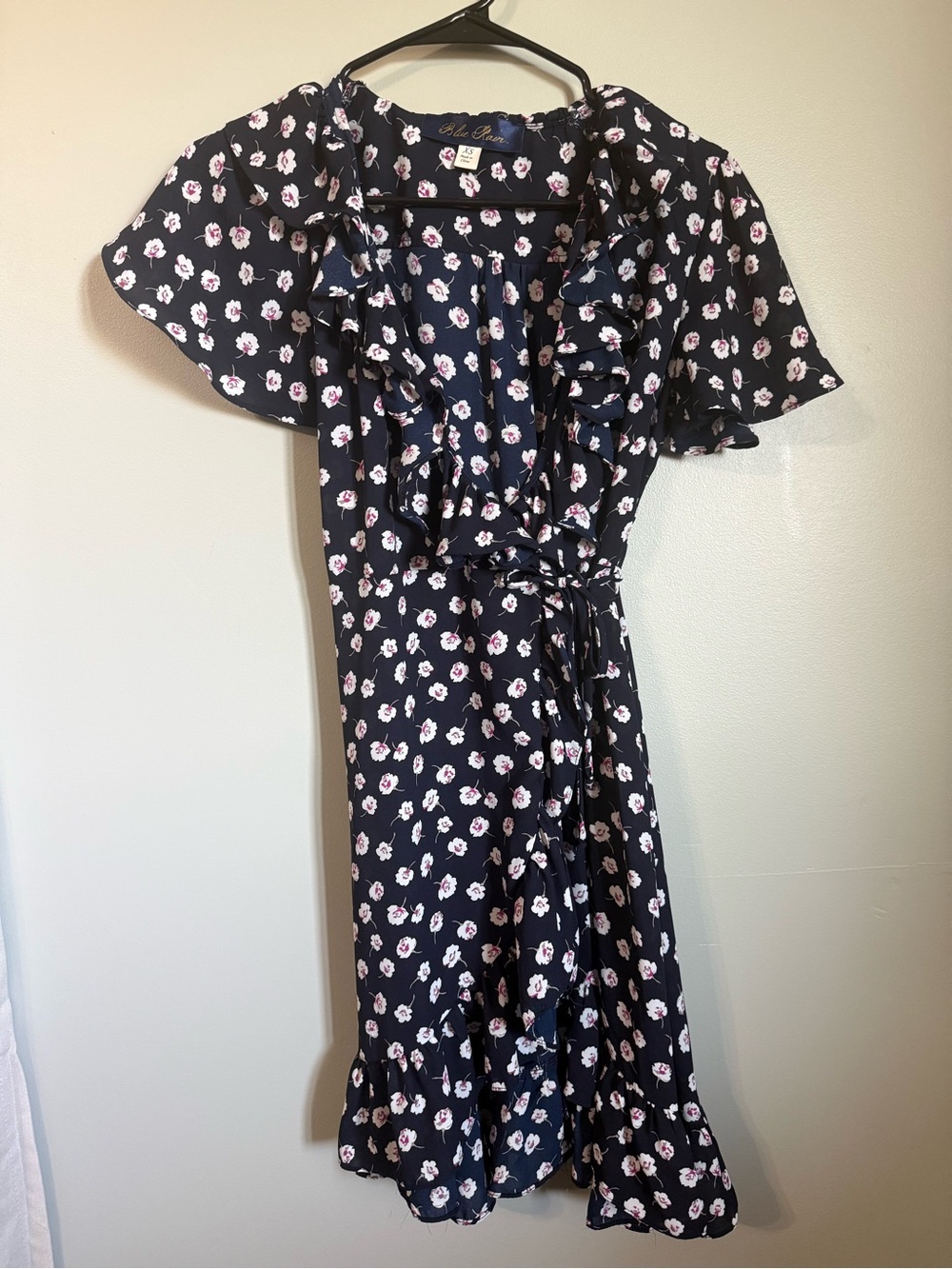 Blue Rain Floral Ruffle Wrap Mini Dress Navy Pink XS Flutter Sleeve